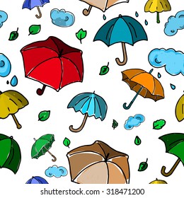 Autumn seamless pattern with colorful umbrellas, leaves and rain drops on white background