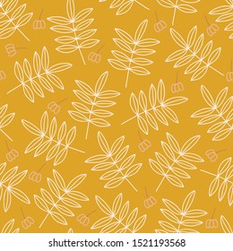 Autumn seamless pattern with contour leaves and berries on mustard background. Scandinavian style. Perfect for greeting cards, wallpaper, gift paper, seasonal decorations