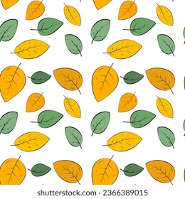Patrón sin fisuras de otoño. contornos de hojas verdes y amarillas sobre un fondo blanco.
Ilustración vectorial.