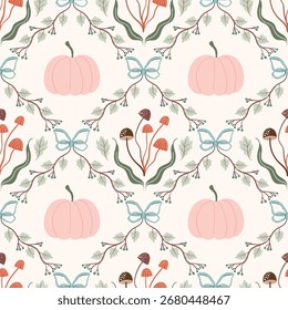 Autumn seamless pattern, coquette wallpaper with pumpkins, mushrooms and frames