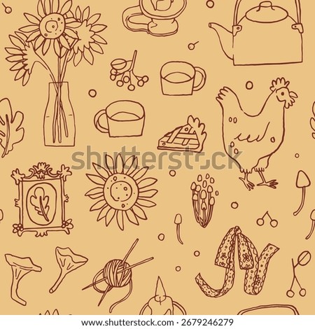 Autumn seamless pattern, cottagecore hand drawn line art style. Whimsical fall aesthetic background. Cozy cottage core autumn pattern, vector
