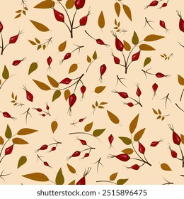 Autumn seamless pattern with cozy berries. Fall seasonal elements seamless vector pattern for fabric, wallpaper and wrapping paper