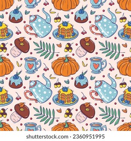 Autumn seamless pattern with cozy elements in doodle style. Vector illustration of pumpkins, mushrooms and delicious tea