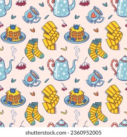 Autumn seamless pattern with cozy elements in doodle style. Vector illustration of warm clothes and delicious tea