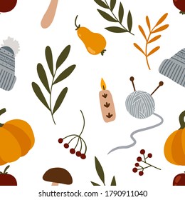 Patrón sin fisuras de otoño. Ilustración acogedora para tarjetas, carteles, papel envolvente, scrapbooking, tela, ropa y otro diseño de caída. Higgge elementos domésticos, elementos esenciales para caídas: hojas, calabaza, suéter, etc.