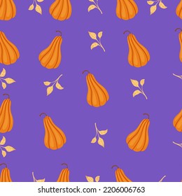Autumn seamless pattern with cozy pumpkins and seasonal elements on a purple background.Hand drawn autumn pumpkins. Texture for scrapbooking, wrapping paper, invitations.