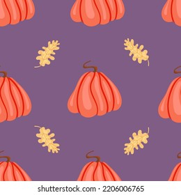 Autumn seamless pattern with cozy pumpkins and seasonal elements on a purple background.Hand drawn autumn pumpkins. Texture for scrapbooking, wrapping paper, invitations.