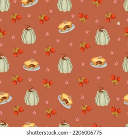 Autumn seamless pattern with cozy pumpkins and seasonal elements on a brown background.Hand drawn autumn pumpkins. Texture for scrapbooking, wrapping paper, invitations.