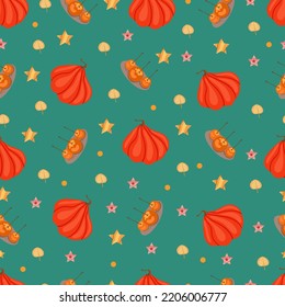 Herbstnahtloses Muster mit gemütlichen Kürbissen und saisonalen Elementen auf grünem Hintergrund.Handgezeichnete Herbstkürbis. Textur für Scrapbooking, Packpapier, Einladungen.