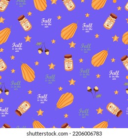 Autumn seamless pattern with cozy pumpkins and seasonal elements on a blue background.Hand drawn autumn pumpkins. Texture for scrapbooking, wrapping paper, invitations.