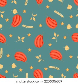 Autumn seamless pattern with cozy pumpkins and seasonal elements on a green background.Hand drawn autumn pumpkins. Texture for scrapbooking, wrapping paper, invitations.