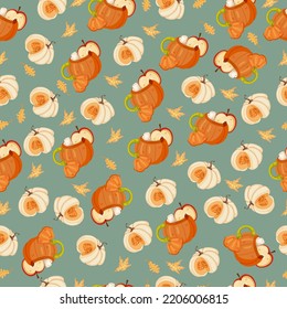 Autumn seamless pattern with cozy pumpkins and seasonal elements on a green background.Hand drawn autumn pumpkins. Texture for scrapbooking, wrapping paper, invitations.