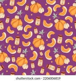 Autumn seamless pattern with cozy pumpkins and seasonal elements on a purple background.Hand drawn autumn pumpkins. Texture for scrapbooking, wrapping paper, invitations.