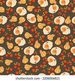 Autumn seamless pattern with cozy pumpkins and seasonal elements on a green background.Hand drawn autumn pumpkins. Texture for scrapbooking, wrapping paper, invitations.