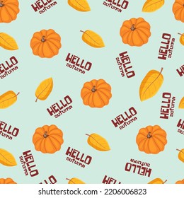 Autumn seamless pattern with cozy pumpkins and seasonal elements on a blue background.Hand drawn autumn pumpkins. Texture for scrapbooking, wrapping paper, invitations.