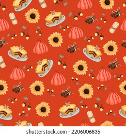 Autumn seamless pattern with cozy pumpkins and seasonal elements on a red background.Hand drawn autumn pumpkins. Texture for scrapbooking, wrapping paper, invitations.