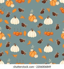 Autumn seamless pattern with cozy pumpkins and seasonal elements on a green background.Hand drawn autumn pumpkins. Texture for scrapbooking, wrapping paper, invitations.