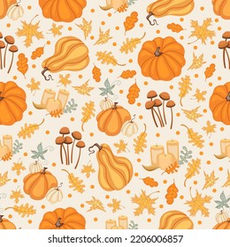 Autumn seamless pattern with cozy pumpkins and seasonal elements on white background.Hand drawn autumn pumpkins. Texture for scrapbooking, wrapping paper, invitations.