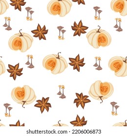 Autumn seamless pattern with cozy pumpkins and seasonal elements on white background.Hand drawn autumn pumpkins. Texture for scrapbooking, wrapping paper, invitations.