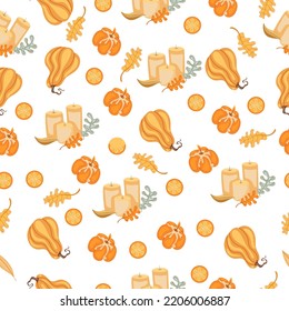Herbstnahtloses Muster mit gemütlichen Kürbissen und saisonalen Elementen auf weißem Hintergrund.Handgezeichnete Herbstkürbis. Textur für Scrapbooking, Packpapier, Einladungen.