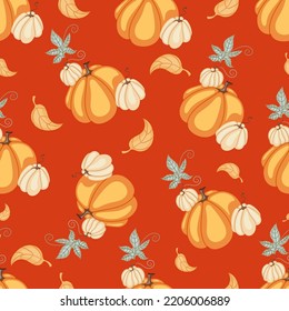 Autumn seamless pattern with cozy pumpkins and seasonal elements on a red background.Hand drawn autumn pumpkins. Texture for scrapbooking, wrapping paper, invitations.