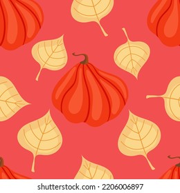 Autumn seamless pattern with cozy pumpkins and seasonal elements on a pink background.Hand drawn autumn pumpkins. Texture for scrapbooking, wrapping paper, invitations.