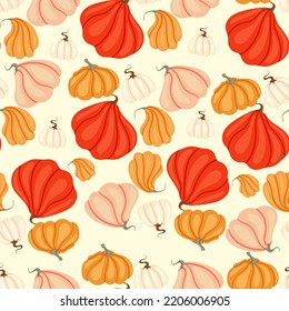 Autumn seamless pattern with cozy pumpkins and seasonal elements on white background.Hand drawn autumn pumpkins. Texture for scrapbooking, wrapping paper, invitations.