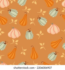 Autumn seamless pattern with cozy pumpkins and seasonal elements on a brown background.Hand drawn autumn pumpkins. Texture for scrapbooking, wrapping paper, invitations.