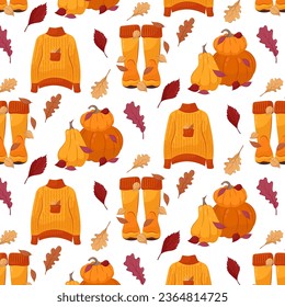 
Patrón sin fisuras de otoño. Patrón acogedor con calabazas, suéter cálido y botas de goma sobre un fondo blanco. Impresión de otoño.