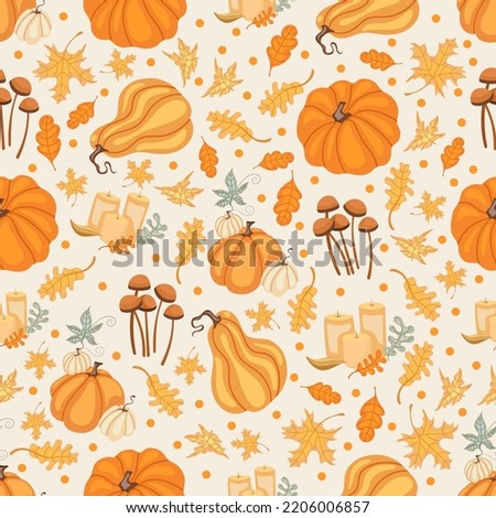 Autumn seamless pattern with cozy pumpkins and seasonal elements on white background.Hand drawn autumn pumpkins. Texture for scrapbooking, wrapping paper, invitations.