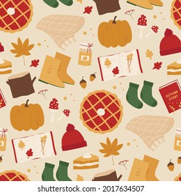 Autumn seamless pattern. Cozy autumn vibes. Autumn trendy elements. Harvest festival and thanksgiving day concept. Vector illustration in cartoon style. Isolated on white background.