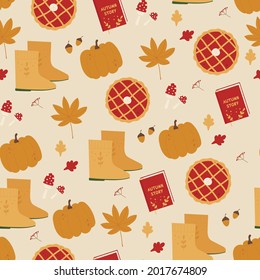 Autumn seamless pattern. Cozy autumn vibes. Autumn trendy elements. Harvest festival and thanksgiving day concept. Vector illustration in cartoon style. Isolated on yellow background.