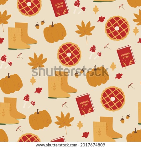 Autumn seamless pattern. Cozy autumn vibes. Autumn trendy elements. Harvest festival and thanksgiving day concept. Vector illustration in cartoon style. Isolated on yellow background.
