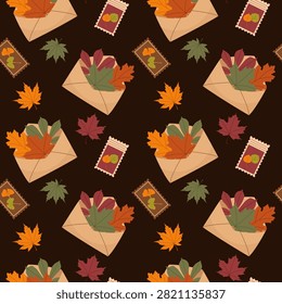 Autumn seamless pattern with craft envelopes full of fallen leaves and stamps on dark background
