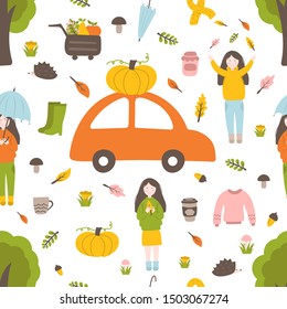 Autumn seamless pattern. Creative hand drawn collection with girl, pumpkin, car, scarf, umbrella and more icons. Cartoon wallpaper design. Season vector illustration.