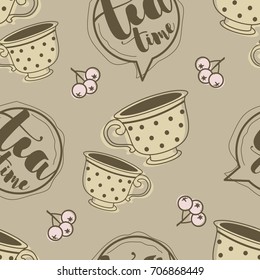 Autumn seamless pattern with cups and leaves in the background. Vector illustration.