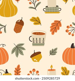 Autumn seamless pattern with cups, various leaves, plants and pumpkins. Vector illustration