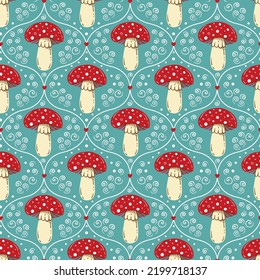 Autumn seamless pattern with cute amanita mushrooms hand drawn in doodle style. Damask botanical print. Vector pattern design for textile or stationery products design