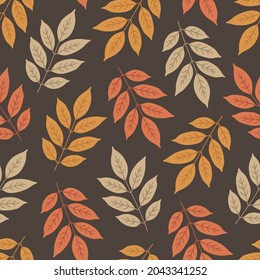 Patrón de otoño sin fisuras con hojas de ceniza lindas. Ilustración vectorial sobre fondo marrón. Ornamento de caída. Impresión de follaje para tela, embalaje, envoltura, arte mural.