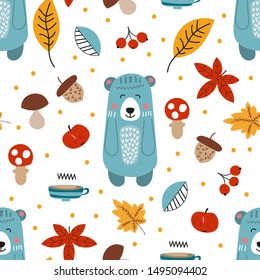 Autumn seamless pattern with cute bear and forest elements in Scandinavian style. Vector Illustration. Great for nursery, baby clothes, greeting cards, wrapper.