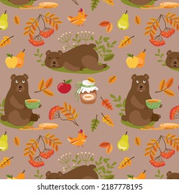 Autumn seamless pattern: cute bear with honey, falling leaves, birds, apples. Fall season elements wrapping paper and textile. Vector illustration