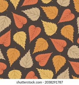Autumn seamless pattern with cute birch leaves. Vector illustration on brown background. Fall ornament. Foliage print for fabric, package, wrapping, wall art. Red, orange, yellow, beige colors.