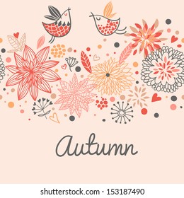 Autumn seamless pattern with cute birds, flowers and hearts in vector.  Seamless pattern can be used for wallpapers, pattern fills, web page backgrounds, surface textures.