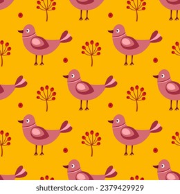 Autumn seamless pattern with cute birds on a yellow background. Decorative vector background.