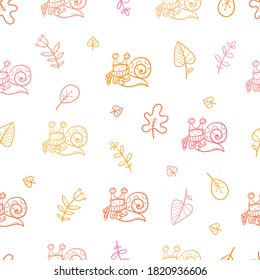 Autumn seamless pattern with cute cartoon snails and leaves. Leaf fall and funny animals. Vector contour image.