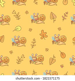 Autumn seamless pattern with cute cartoon snails and leaves. Leaf fall and funny animals. Vector contour image.
