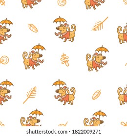 Autumn seamless pattern with cute cartoon dogs on white background. Funny pets in hats and scarfs. Leaf fall.