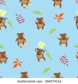 Autumn seamless pattern with cute cartoon bears on a blue background.