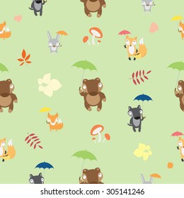 Autumn seamless pattern with cute cartoon forest animals, umbrellas and  leaves on a green background.