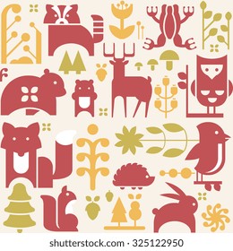 Autumn seamless pattern with cute cartoon forest animals, seeds and leaves, vector illustration in flat style. 
